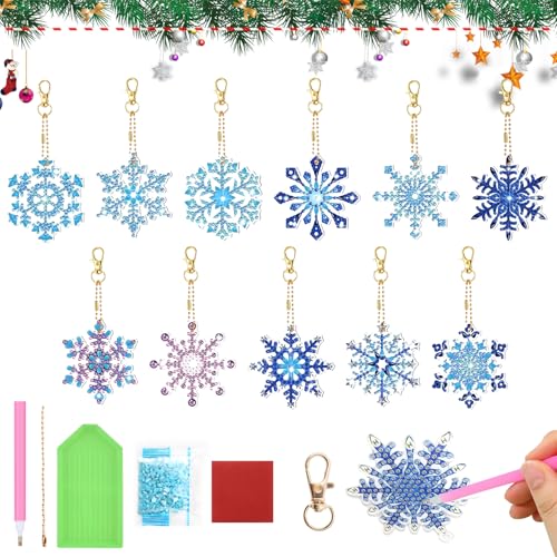 Diamond Painting Weihnachten 12 Stück 5D Schneeflocke Anhänger Set DIY Diamantmalerei Schlüsselanhänger beidseitig Kinder Bastelset Weihnachtsbaum Fenster Winterdeko Acryl Ornamente Strass Deko