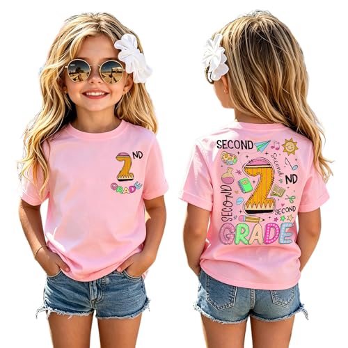 GLIGLITTR First Day of School Shirt Kids Girls Cute 1st 2nd 3rd Grade T-Shirt Back to School Outfit Funny Graphic Tee Tops (Pink-2nd Grade 7Y)