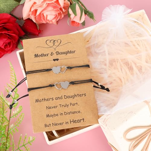 Image of EOBOH Mother's Day Gift Bracelets, Mother's Day Bracelets Adjustable Hearts Mother Daughter with Card, Love Mothers Day Gifts for Grandma Daughter Accessories