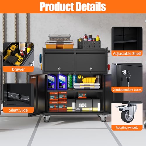 Image of Metal Tool Cabinet with 2 Drawers, Adjustable Shelf & Wheels, Black