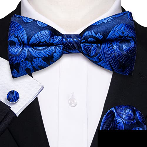 Image of Barry.Wang Paisley Striped Bow Tie for Men Silk Pre-Tied Bowtie Pocket Square Cufflinks Set Formal Wedding Party Prom
