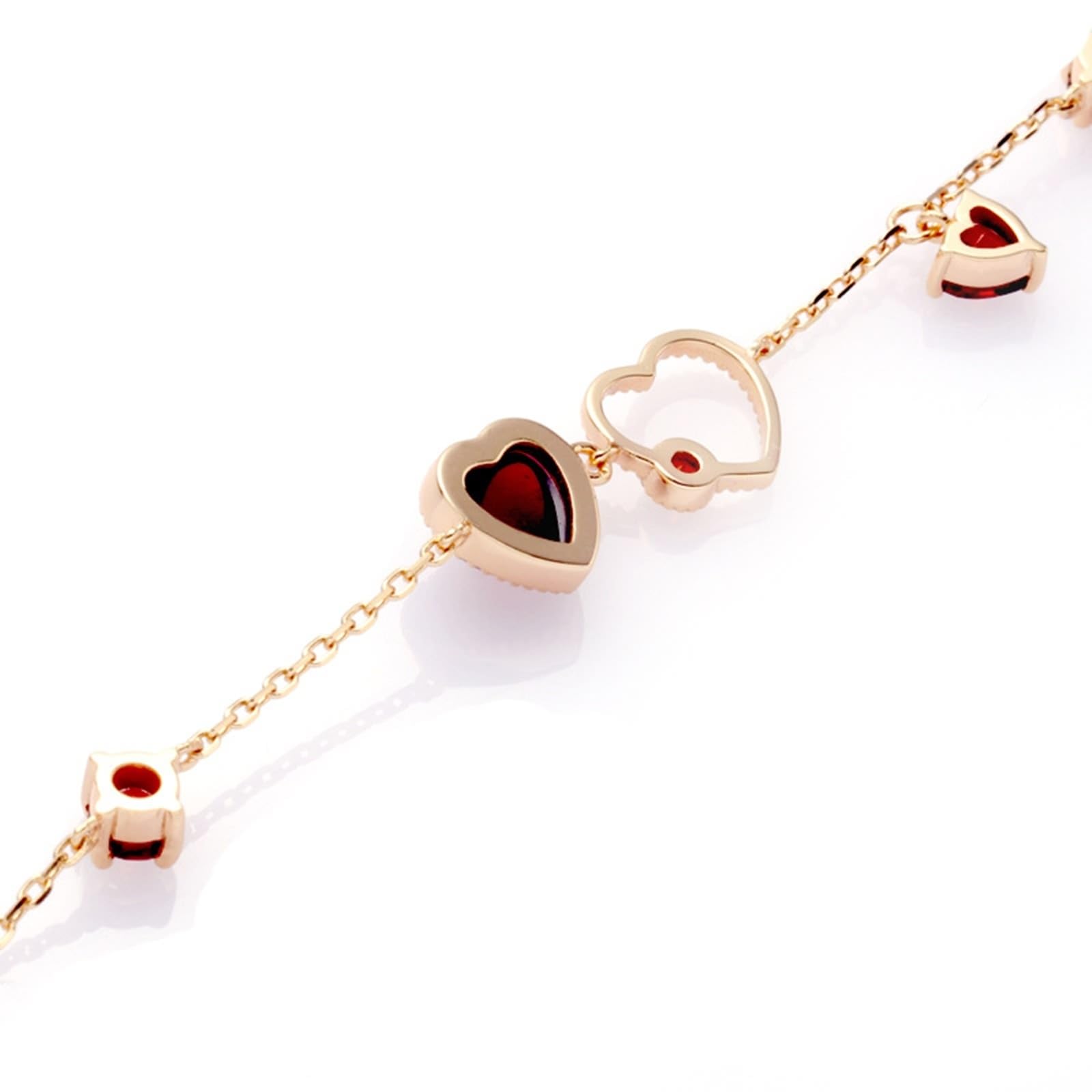 Au375 - Bracciale in oro giallo 9 carati, con cuore rosso granato e cuore, 23 cm
