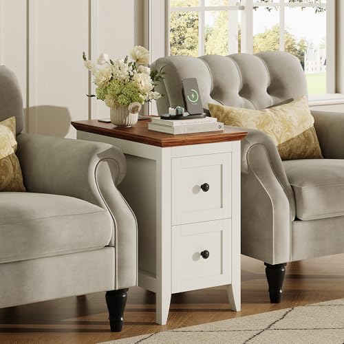 Farmhouse End Table with Charging Station, Narrow Side Table with 2 Drawers and Open Back Storage, Skinny Bedside Table, Slim Sofa Side Table, Small Wood Nightstand for Living Room Bedroom (White) by knoworld - Image 9