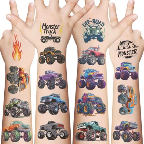 Monster Truck Temporary Tattoos for Adult - 10 Sheets Birthday Party Favors Decorations Supplies Cute Reptile Race Car Fake Tattoo Stickers for Teens Rewards Gifts (Monster Truck)