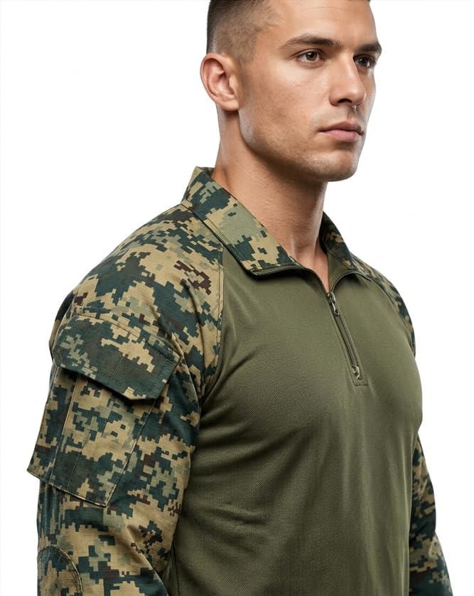 Olive Green Tactical Full Sleeve T-Shirt for Men | BSF Combat Style Digital Camo Sleeves & Collar with Utility Cargo Pocket, Dual Pen Holder & Zip Neck-picture-45