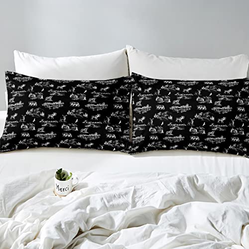 Bear Deer Duvet Cover Rustic Lodge Farmhouse Bedding Set Full, Woodland Wildlife Moose Elk Comforter Cover For Boys Teens Youth Adult, Rustic Country Cabin Bed Set 3 Pcs, Zipper, Black White #TOP4