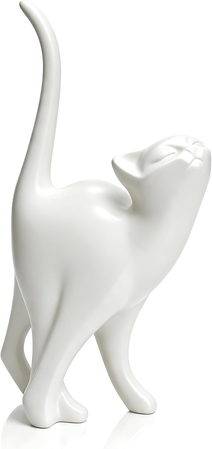 7 Inch Cat Statue Bookshelf Decor Aesthetic, Abstract Sculpture for Home Office Decor, White Cat Home Decor Aesthetic Modern, Cat Lovers Gifts for Women Men, Funky Office Desk Decor Cat Figurines