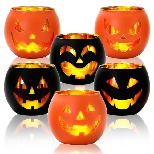 Whaline 6Pcs Halloween Candle Holder Black Orange Pumpkin Face Candlestick Glass Holder for Home Party Table Centerpiece Decor Supplies