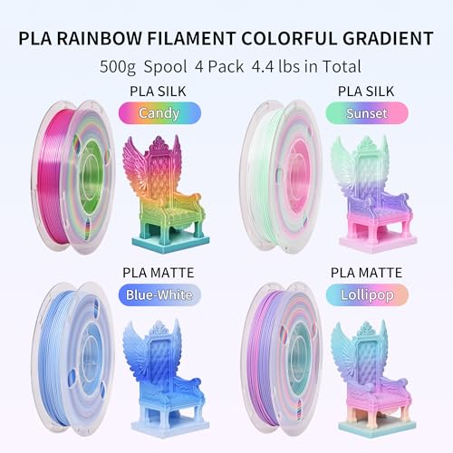 Image of RAMBERY 3D Printer Filament Bundle 500g x 4 Spools, Silk & Matte Rainbow PLA Filament, Multicolore Fast Color Change 1.75 mm 3D Printing Filament