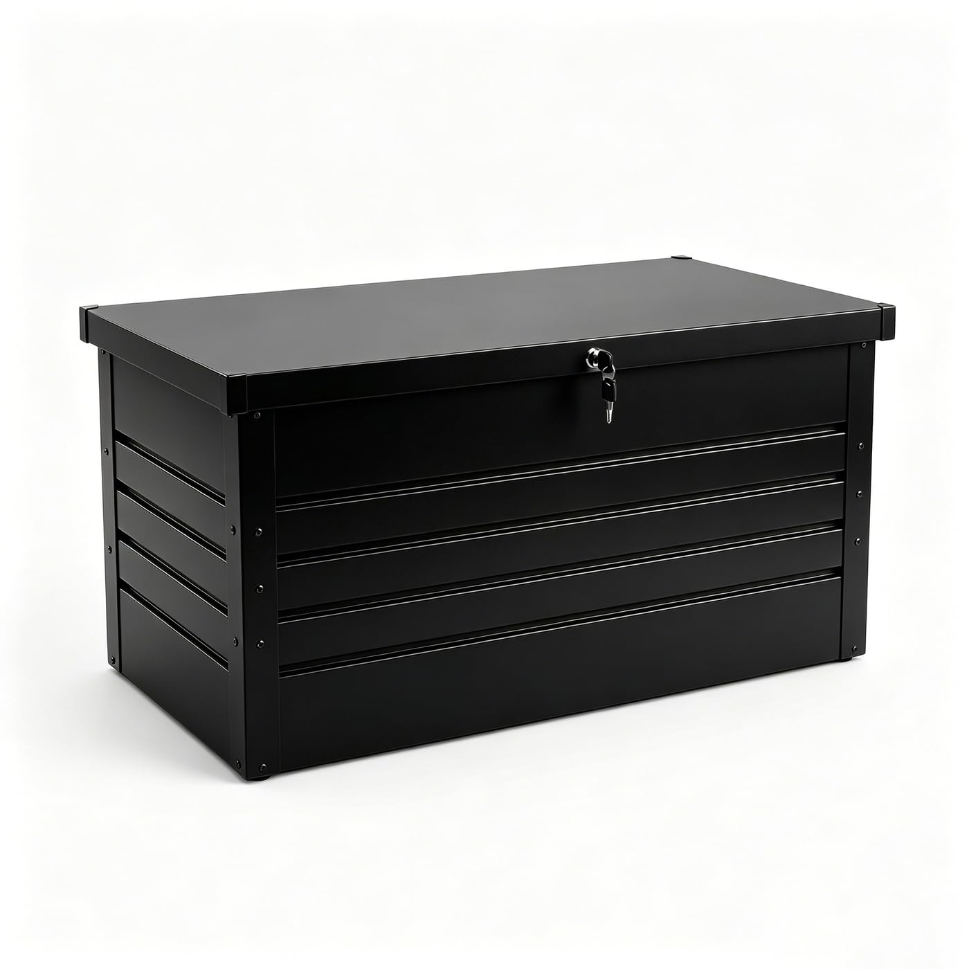 Arcón metálico Exterior 120 × 60 × 61 cm con Tapa hidráulica y Cerradura – Acero Resistente a la Intemperie, Base Antideslizante, Esquinas Antideslizantes, jardín terraza y balcón (Negro)