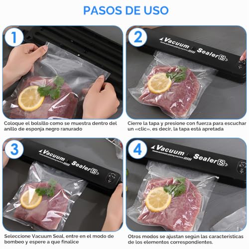 Miniatura 4 de Sellador De Vacío Con 10 Bolsas De Vacío Máquina Compacta Y Rápida, Longitud De Sello 30 Cm, Mantiene Los Alimentos Frescos Hasta 6 Veces Más Tiempo, Ideal Para Cocina Y Camping, Negro