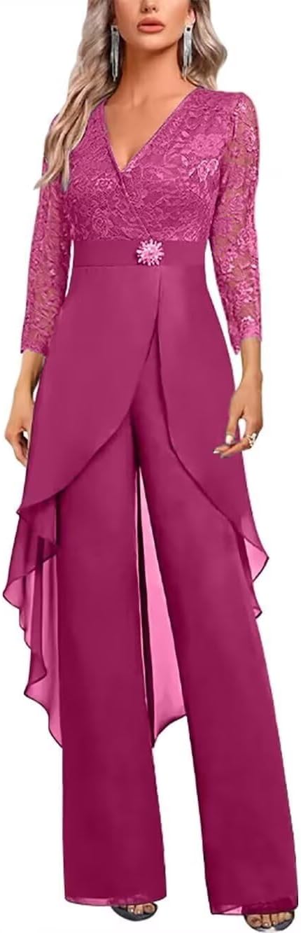 2 Pieces Mother of The Bride Pant Suits for Women Dressy V Neck Lace Grandmother of The Bride Pantsuits for Wedding DP018