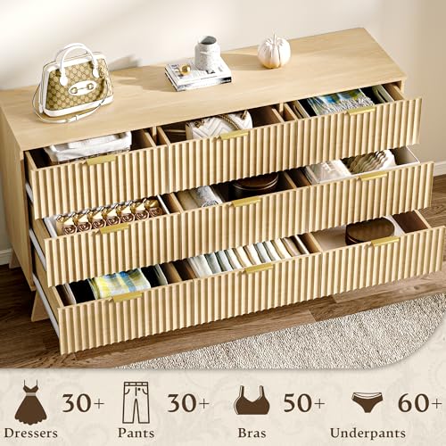 Image of HUANLEGO Fluted Dresser for Bedroom with 9 Drawers, 57 inch Mid Century Modern Dresser of Closet TV Stand, Nature Wood Dressers with Gold Handle, Boho Closet Wide Modern Chest of Drawers, Natural