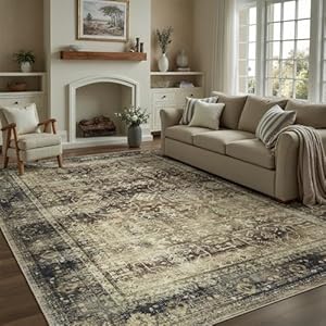 DCX Washable 8x10, Kid & Pet Friendly with Rubber Back Non Slip, Stain Resistant Vintage Rug for Living Room, Bedroom, Home Office, Soft Low Pile Large Farmhouse Distressed Carpet, Brown 8'