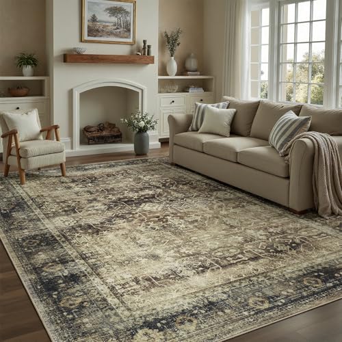 Brown Area Rugs 8x10, Non Slip Rugs for Living Room, Bathroom, Dining Room, Modern Farmhouse Distressed Neutral Stain Resistant Rugs Low Pile Soft Large Carpet Mat for High Traffic Areas 8'