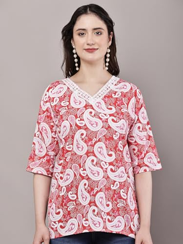 Image of Women's Red Printed Short Kurti with Lace Trim, 3 /4 Sleeves, Round Neck, Ethnic Style