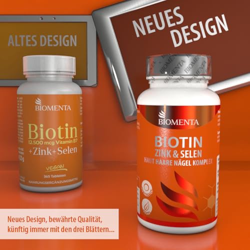 Foto von BIOMENTA Biotin + Zink + Selen - Haut + Haare + Nägel Komplex - 12.500 mcg Vitamin B7 / Stck. - 370 Biotin Tabletten hochdosiert + vegan - Premiumqualität