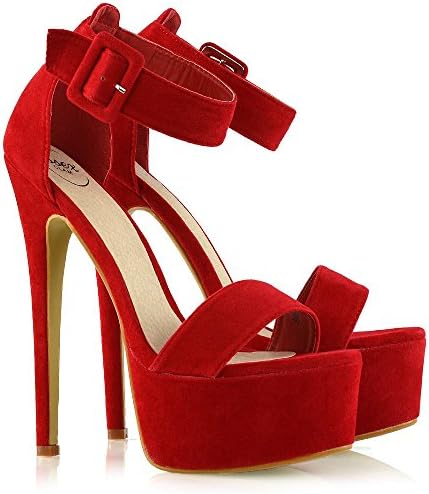 ESSEX GLAM Womens Ankle Strap Red Faux Suede Open Toe Stiletto Heel Platform Shoes 6 B(M) US | Image 1