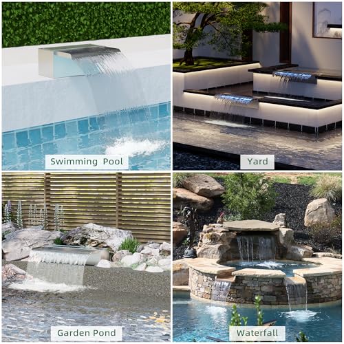 LONGRUN 60cm Teich-Wasserfall,304 Edelstahl Pool-Wasserfall mit RGB Bluetooth LED Garten Brunnen