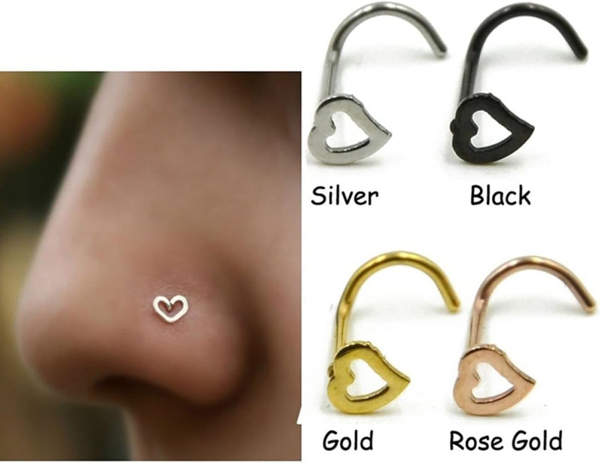 FRCOLOR Heart Nose Studs 4pcs Curved Screw Ring Stainless Steel Jewelry