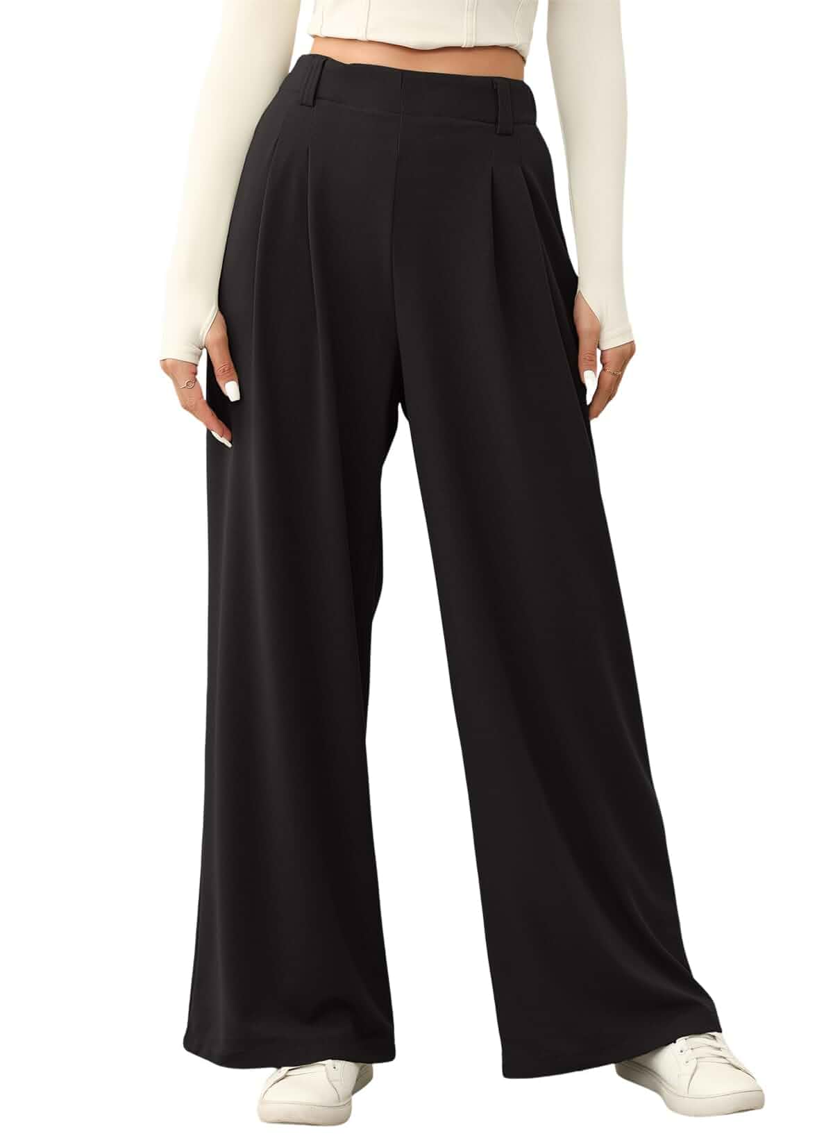 EVALESS Women's Wide Leg Pants Waffle Knit Work Trousers with Pockets High Waisted, Elastic Waist, Flowy Business Casual Slacks, Stretchy Palazzo Dress Pants