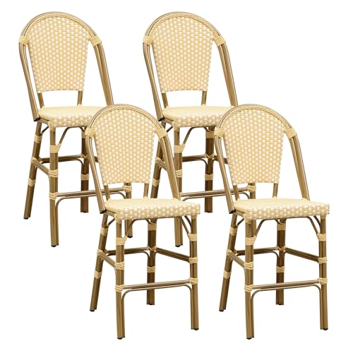 Image of PURPLE LEAF French Counter Height Bar Stool Set of 4 25 inch Bamboo Print Finish Patio Bar Chairs with Back Rattan Bar Chairs French Bistro Set for Kitchen Outdoor Counter Stool Cream Yellow