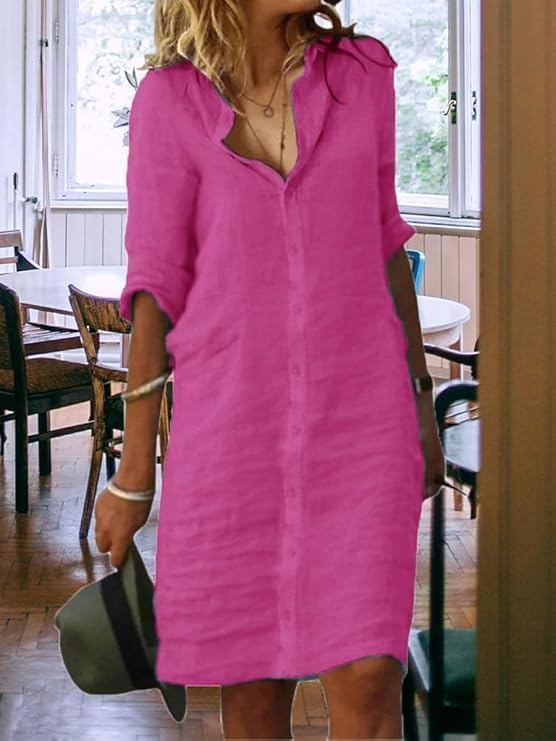 Fronage Women's Summer Midi Shirt Dresses Button Down 1/2 Sleeve Lapel Casual Cotton Linen Dress - Image 2