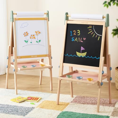 Tiny Land Wooden Easel for Kids Art Easel with Chalkboard & Whiteboard