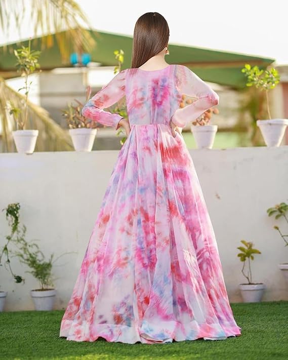 Image of DIGAMBARA Digital Floral Printed Georgette Anarkali Gown for Women, Ethnic Wear, Maxi Length Gown, Round Neck Half Sleeve, Perfect for Festival, Party and Wedding, Pink