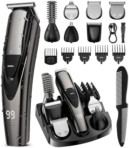 SHPAVVER Beard Trimmer for Men: Professional Barber Hair Clippers - 12-in-1 Cordless Grooming Kit - Waterproof Electric Razor with Turbo Speed & Precision Blades, Black