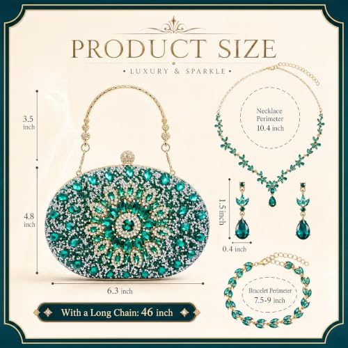 Image of Quelay 4 Pcs Purse Rhinestone Jewelry Set for Wedding Bridal Women Evening Clutch Bag Necklace Dangle Earrings Bracelets
