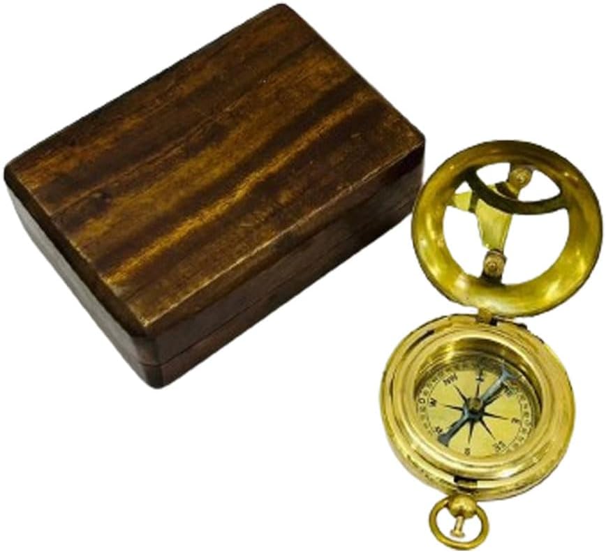 Nautical Brass Pocket Compass with Wooden Box Rustic Vintage Home Decor Gifts
