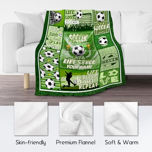 Custom Soccer Blanket - 40x50 Inches Sports Throw Blanket for Boys Kids - Green Soft Fuzzy Blankets for Couch, Sofa & Office