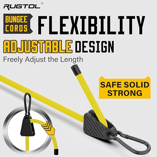 Image of Bungee Cords with Hooks, 60 Inch Yellow Adjustable Bungee Cords with Carabiner Heavy Duty Outdoor, 8mm Thick Easy to Adjust Bungee Rope UV Resistant for Tarp, Bike Rack, Garden, Tension, 6 Pack