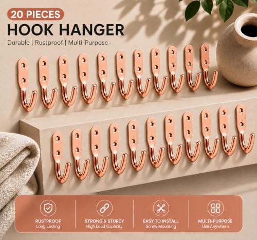 Image of iiSTAR Stainless Steel Unbreakable J Type Hook Bathroom Hooks Cloth Hanger Wall Hook Door Robe Hooks for Hanging Keys,Clothes (Rose Gold-Pack of 20)