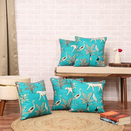 Image of Navy Blue 16x16 inch Cushion Covers Set of 5 Forest Theme Printed Cotton Cushion Covers for Sofa Decorations