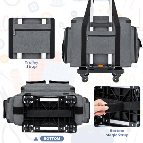 SLINRKE Sewing Machine Case with Wheels - Rolling Sewing Machine Tote with Removable Bottom Pad & Multiple Storage Pockets, Compatible with Singer & Brother (Grey)
