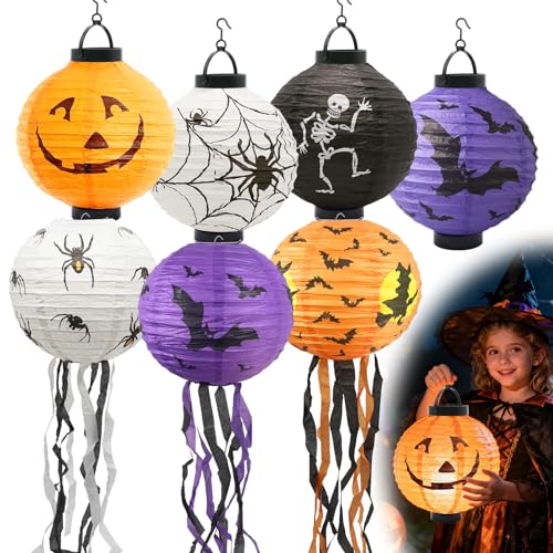 Herbst 7 lanterne per Halloween, Ø 20 cm, rotonde, pipipistrello, scheletro, strega, zucca, lanterna di carta, pieghevole, decorazione per Halloween, lanterna di carta con nappe, lanterna per bambini
