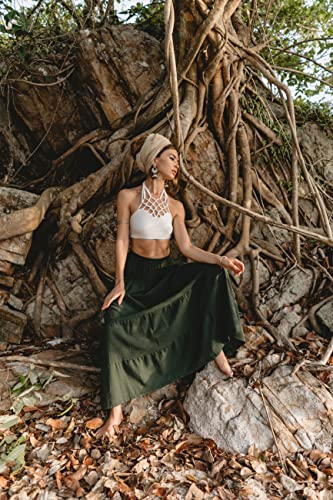 Thaluta Maxi Boho Skirt Long Pockets Cotton Hippie Bohemian Elastic Waist Gypsy Skirt (Hunter Green) #TOP3