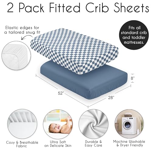 Image of Sweet Jojo Designs 2-Piece Baby Crib Sheets Set (Blue Gingham Checkered Plaid) for Boys, Infant Nursery, Toddler Room - Fitted, Standard Size (Solid Color Steel & Vintage, Classic Checkerboard, Retro)