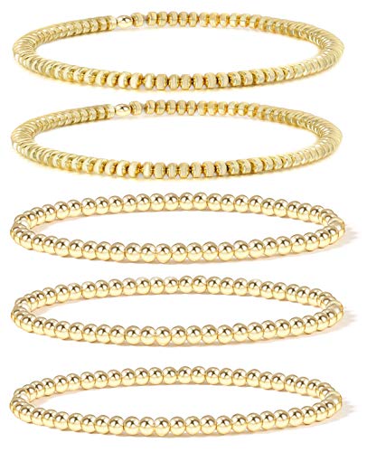 Badu 14K Gold Beaded Bracelets for Women,5 PCS Dainty Gold Plated Bead Bracelet Stretchable Adjustable Bracelets.