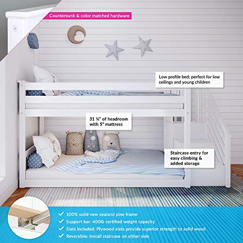 Max & Lily Low Bunk Bed, Twin-Over-Twin Bed Frame For Kids With Stairs, White #TOP2