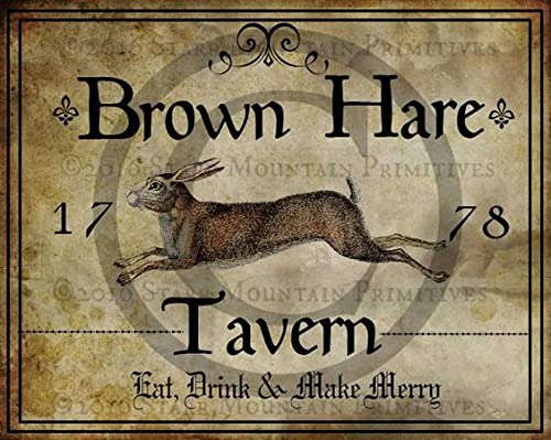 Primitive Colonial Brown Hare Tavern Inn Sign Pantry Labels Hang Tags Crock Crate Candle Label Rabbit Eat Drink Make Merry Retro Metal Tin Sign Wall Hanging Decor Plaque 6x8 Inch