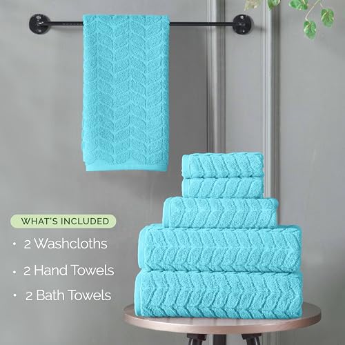 Image of Elegant Comfort Luxury 6-Piece 100% Turkish Cotton Jacquard Braided Textured Premium Hotel Quality Towel Set- Soft and Absorbent, Includes 2 Bath Towels, 2 Hand Towels and 2 Washcloths, Aqua