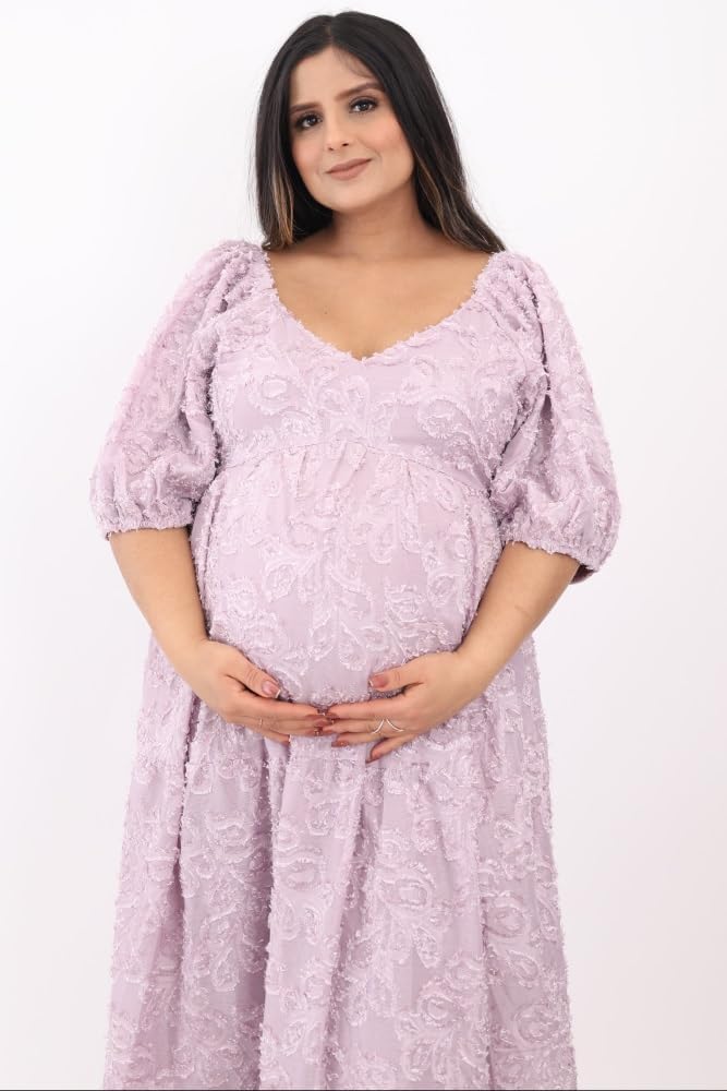 PinkBlush Fringe Textured Short Puff Sleeve Maternity Midi Dress