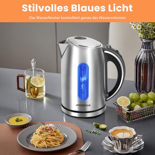 Foto von Aigostar Wasserkocher Edelstahl 1,7 Liter - Elektrischer Wasserkocher kabellos mit LED Beleuchtung Wasserstandsanzeige, 2200 Watt Schnelles Kochen, kalkfilter, BPA-frei, Auto-off & Trockenlaufschutz