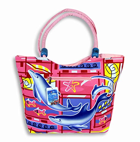 Water Resistent Dolphin Design Canvas Beach Tote Bag Zipper Closure with Wood Balls 21 X 15 X 6