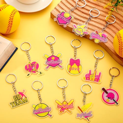 Image of Tondiamo 24 Pcs Softball Acrylic Keychain Gifts Bulk Pink Acrylic Softball Sports Ball Keychain Gifts Go Team Key Ring for Women Men
