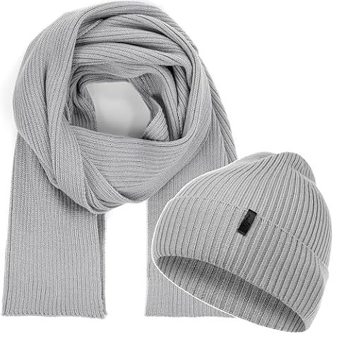 molti Zestaw damskiej czapki i szalika – 100% wełna merino, czapka beanie z szalikiem dzianinowym 203 cm, ciepła i oddychająca na jesień i zimę | Rozmiary: 55–62 cm, wybór kolorów, szary, 58-62
