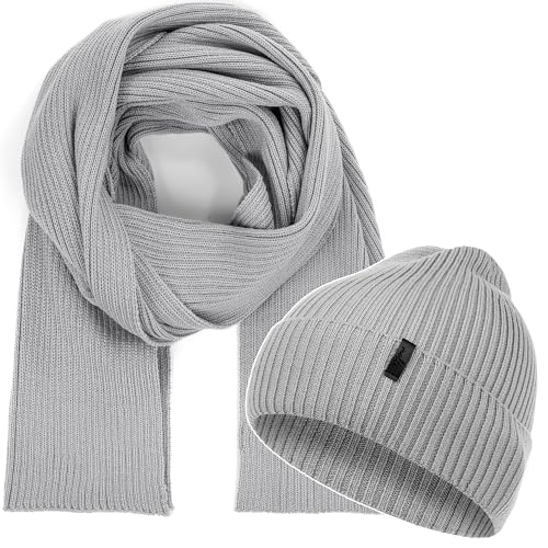 molti Zestaw damskiej czapki i szalika – 100% wełna merino, czapka beanie z szalikiem dzianinowym 203 cm, ciepła i oddychająca na jesień i zimę | Rozmiary: 55–62 cm, wybór kolorów, szary, 58-62